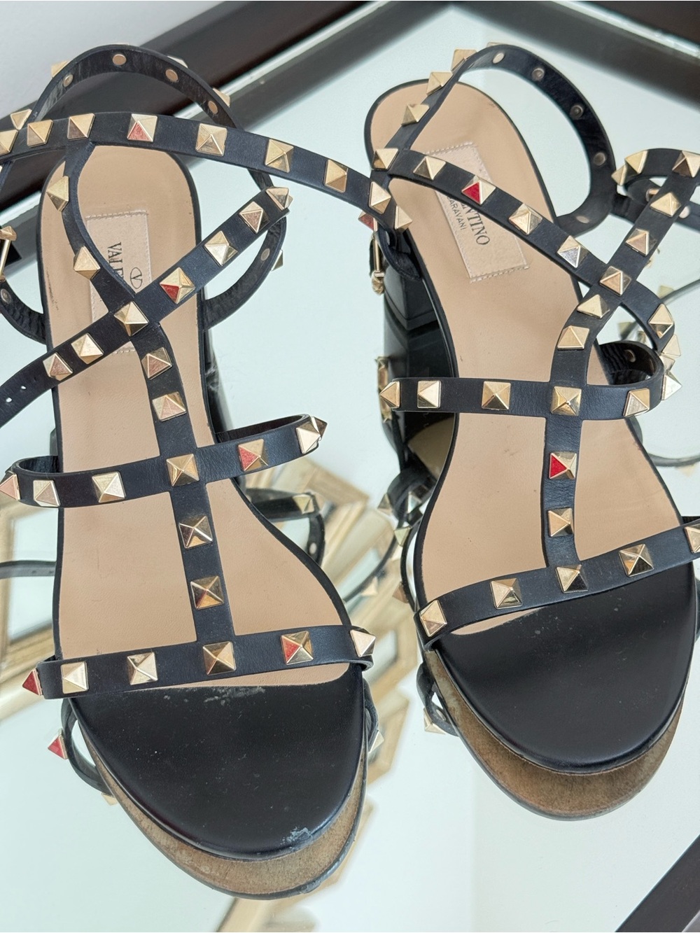 Valentino Black Leather Rockstud Strappy Heels with Gold Studs